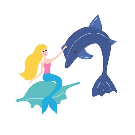 mermaid with dolphin vector illustrationのイラスト素材