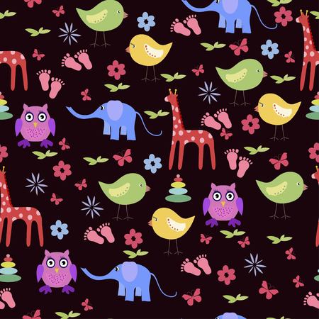 Seamless baby background with giraffe and elephant for a girl. Seamless pattern for scrapbook, for a card, for baby Shower, wallpaper, fabric.のイラスト素材