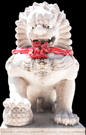 Carved stone lions standing in a Chinese temple.の写真素材