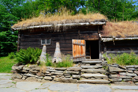 Lyngby, Denmark - July 2021: Old Farmhouse from Halland, Sweden, displayed in Old Denmark, Open Air Museum (Frilandsmuseet)のeditorial素材