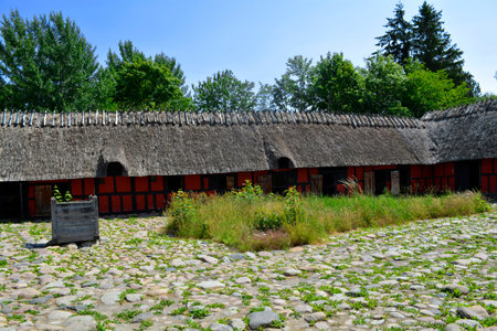 Lyngby, Denmark - July 2021: Old Farm house from True near Aarhus, displayed at Old Denmark, Open Air Museum (Frilandsmuseet)のeditorial素材