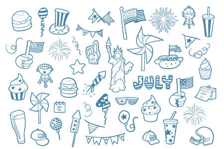 4th of July, Independence Day of the United States of America celebration themed doodle set, simple outlines, collection of hand drawn vector signs.のイラスト素材