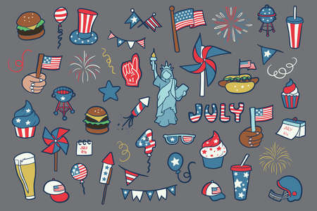 4th of July, Independence Day of the United States of America celebration themed flat colored doodle set, simple elements and symbols vector pack.のイラスト素材