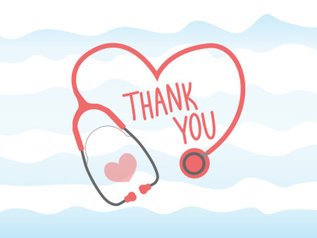Simple vector Thank You appreciation card to the healthcare workers, nurses, doctors, hospital workers. red stethoscope forming a heart shape.のイラスト素材