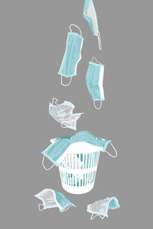 Hand drawn vector illustration of crumpled, worn, used surgical face masks, that protects against viruses, being thrown away into a trash bin.のイラスト素材