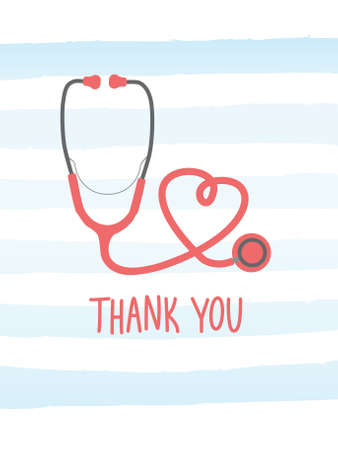 Simple vector Thank You appreciation card to the healthcare workers, nurses, doctors, hospital workers. red stethoscope forming a heart shape.のイラスト素材