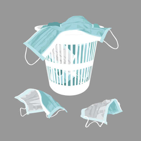Hand drawn vector illustration of crumpled, worn, used surgical face masks, that protects against viruses, being thrown away into a trash bin.のイラスト素材