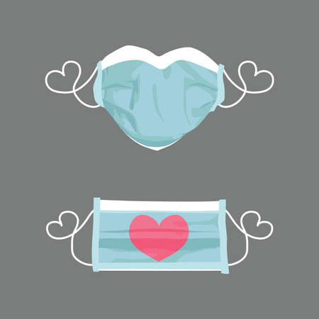 Vector hand drawn illustration of a heart shaped face mask and a mask with a heart on it.のイラスト素材