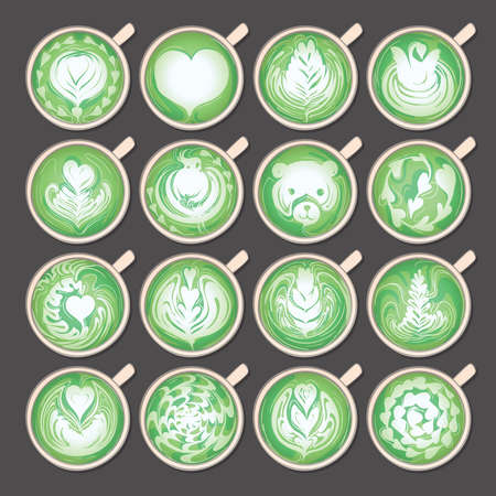 Hand drawn vector illustration doodles of cups of matcha green tea latte with foam art on top, isolated on a grey background.のイラスト素材
