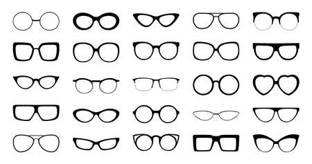 Black vector illustration of front view of different styles and shapes of glasses frames with no lenses.のイラスト素材