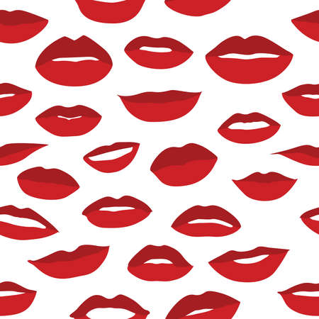 Seamless vector pattern of hand drawn illustrations of red female lips in various shapes.のイラスト素材