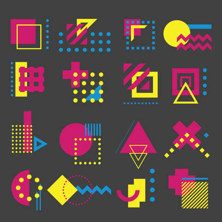 Vector, colored, decorative geometric shapes and elements, in basic CMYK colors on a dark gray background.のイラスト素材