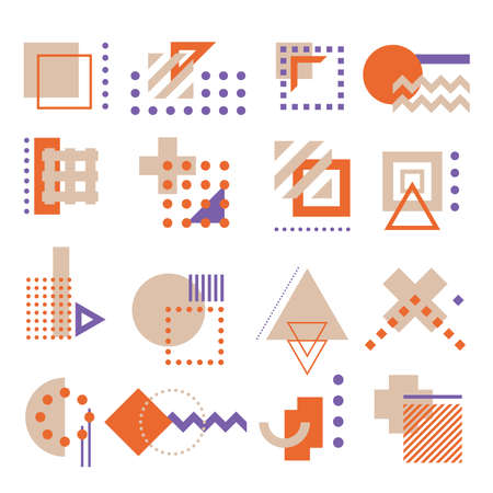 Vector, colored, decorative geometric shapes and elements, in orange and purple colors on a white background.のイラスト素材