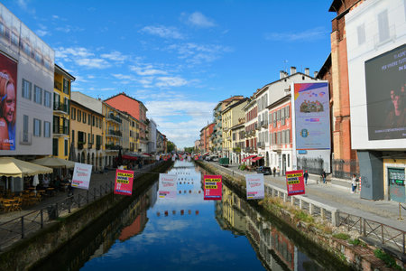 Milan, Italy, October 2021: Cityscape in an old neighborhood along the Naviglio Grande canal in Milan during day time.のeditorial素材