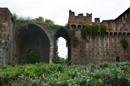 Milan, Italy, October 2021: Ruins of an outer wall of the Sforza's Castle (Castello Sforzesco) on a gloomy day.のeditorial素材