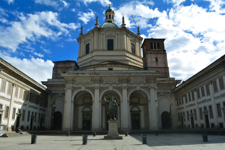 Milan, Italy, October 2021: Bronze statue of Constantine the Great standing in front of Basilica of San Lorenzo.のeditorial素材