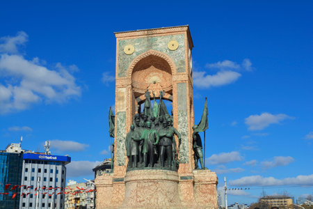Istanbul, Turkey - November 2021: The Republic Monument located at Taksim Square to commemorate the formation of the Turkish Republic in 1923.のeditorial素材