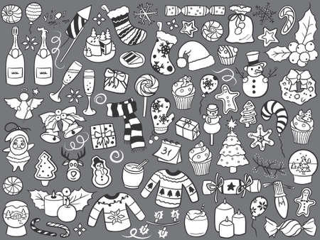 Collection of hand drawn festive Christmas and New Year celebration related objects and elements.のイラスト素材