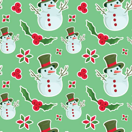 Seamless vector pattern of festive snowman and holly branch with red berries, Christmas and New Year...
