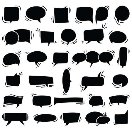 Set of hand drawn, flat, empty, black speech balloons or chat bubbles, design element used for speech on a white background.のイラスト素材