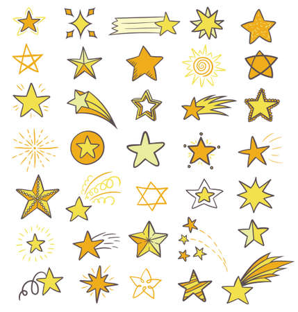Set of hand drawn, flat colored cosmic elements, stars and comet on a white background.のイラスト素材