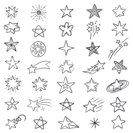 Set of hand drawn black colored linear cosmic elements, stars and comet on a white background.のイラスト素材