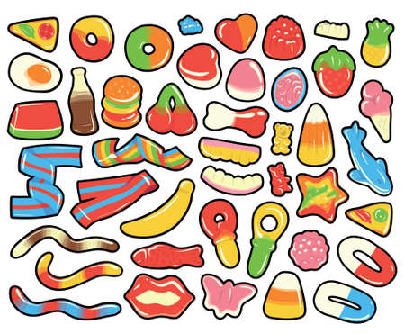 Collection of colorful cartoon gummy and jelly candies. Isolated hand drawn vector illustrations.のイラスト素材
