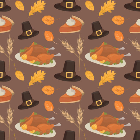 Colorful repetitive pattern background of Thanksgiving holiday celebration related things, made of simple vector illustrations.のイラスト素材