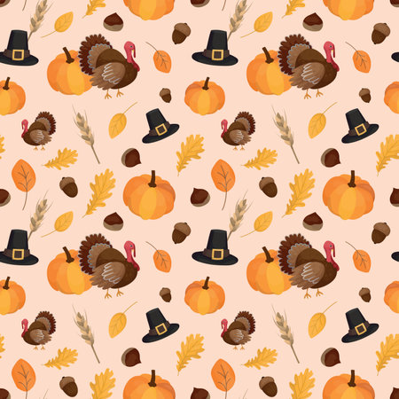 Colorful repetitive pattern background of Thanksgiving holiday celebration related things, made of simple vector illustrations.のイラスト素材