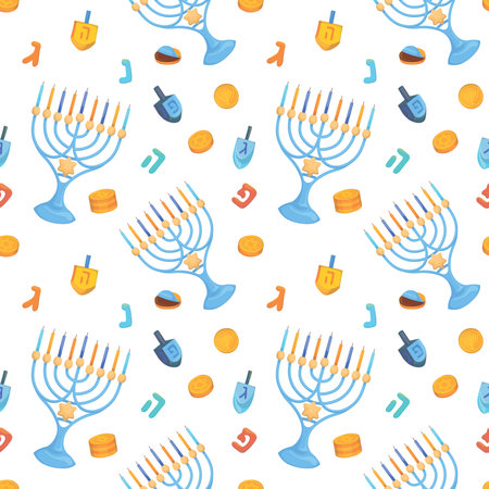 Colorful repetitive pattern background for the Jewish festival of Hanukkah, made of simple vector illustrations.のイラスト素材