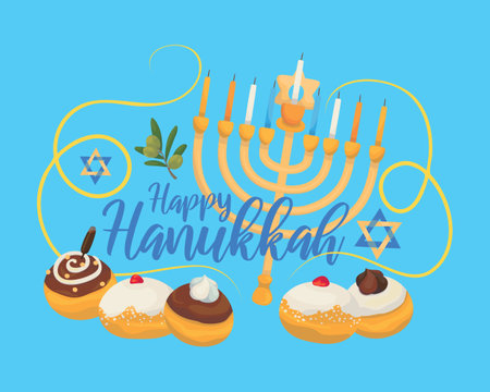 Happy Hanukkah greeting card or postcard, designed with lettering and hand drawn holiday symbols and attributes.のイラスト素材