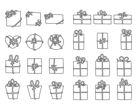 Pack of hand drawn vector illustrations of simple closed wrapped gift boxes, various shaped and sized packages. black and white colored packagesのイラスト素材