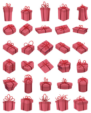 Pack of hand drawn vector illustrations of simple closed wrapped gift boxes, various shaped and sized packages.のイラスト素材