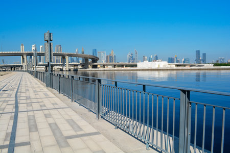 Dubai, United Arab Emirates (UAE), December 2022: Promenade at the Dubai Design District overlooking the city roads and skyscrapers.のeditorial素材