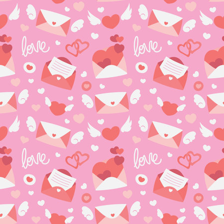 Colorful repetitive pattern background of love and relationship, Valentine's day related envelopes and letters, made of simple vector illustrations.のイラスト素材
