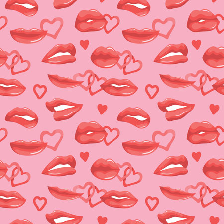 Colorful repetitive pattern background of love and relationship, Valentine's day related lips and kisses, made of simple vector illustrations.のイラスト素材