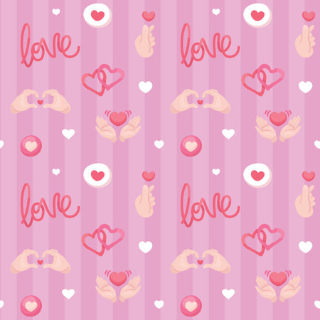 Colorful repetitive pattern background of love and relationship, Valentine's day related heart shaped hand gestures, made of simple vector illustrations.のイラスト素材