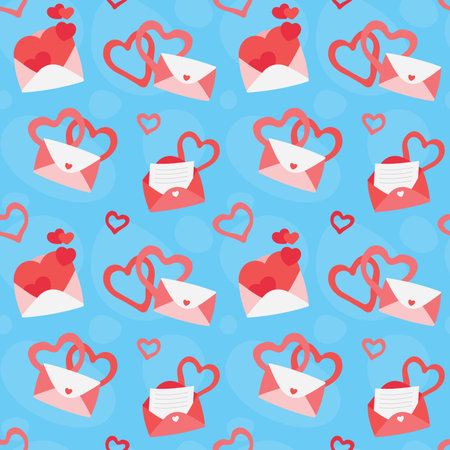 Colorful repetitive pattern background of love and relationship, Valentine's day related envelopes and letters, made of simple vector illustrations.のイラスト素材