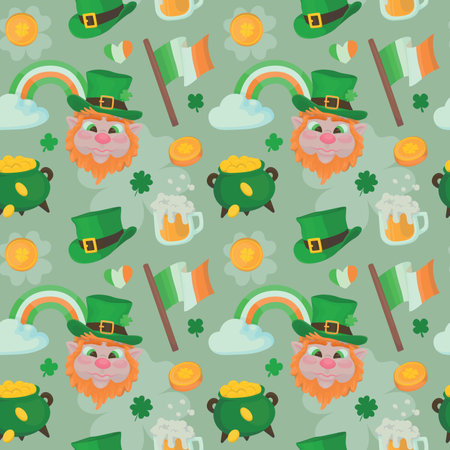Colorful repetitive pattern background made of Saint Patrick's Day celebration themed vector illustrations.のイラスト素材