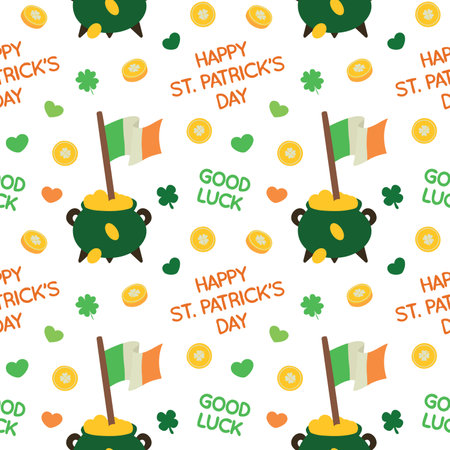 Colorful repetitive pattern background made of Saint Patrick's Day celebration themed vector illustrations.のイラスト素材