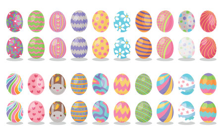 Set of colorful decorated Easter eggs, vector holiday celebration illustrations with simple shading, isolated on a white background.のイラスト素材