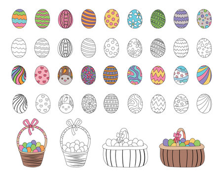 Set of colorful decorated Easter eggs, flat color with black outlines and black and white version, vector holiday celebration illustrations, isolated on a white background.のイラスト素材