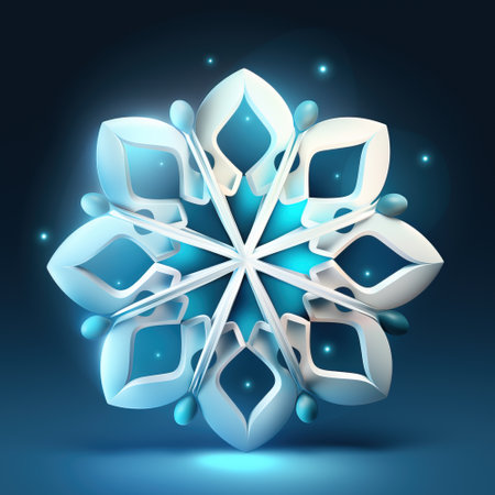 3D illustration of a beautiful ornate snowflake, bright shiny white and blue colors on a dark blue background. winter theme.の素材