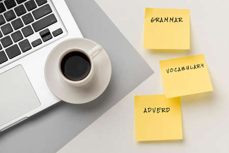 grammar notes with cofee cupの写真素材