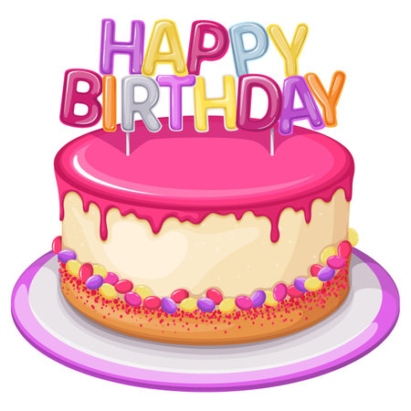 a cartoon illustration of a birthday cake with candles and a happy birthday messageのイラスト素材