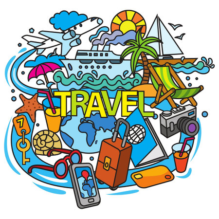 a cartoon illustration of a travel theme with a ship, beach equipment, and other itemsのイラスト素材