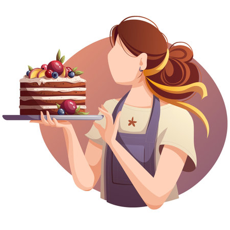 araffe woman holding a plate with a cake on itのイラスト素材