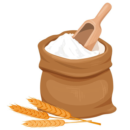 a cartoon illustration of a sack of flour with a wooden scooper and wheatのイラスト素材