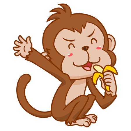 cartoon monkey eating a banana and smiling while sitting on the groundのイラスト素材