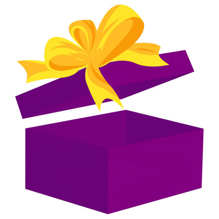 purple gift box with yellow bow and ribbon on white backgroundのイラスト素材